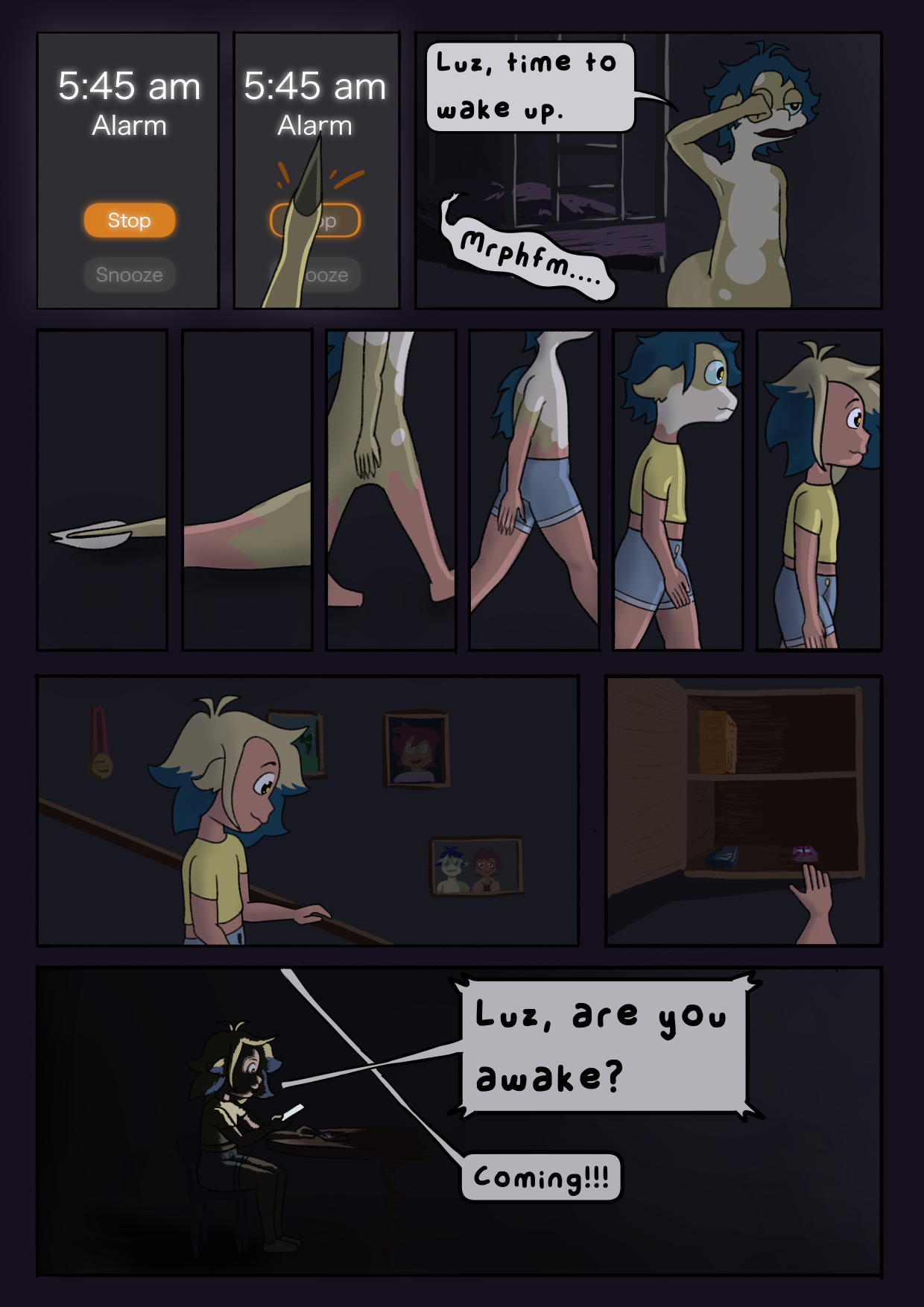 Digital multipanel comic. Vee dismisses an alarm on her phone. She sleepily says "Luz, time to wake up". Luz responds "Mrphfm...." from her bed. A series of panels follow showing Vee transforming into her human form. She descends the Noceda house stairs and grabs cards from the cabinet before yelling "Luz, are you awake?" and Luz responding "Coming!!!" from offscreen.